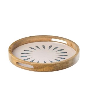 TRAY ROUND MANGO WOOD DARK BLUE/WHITE