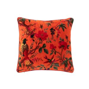 CUSHION BIRDS/FLOWERS COTTON VELVET ORANGE