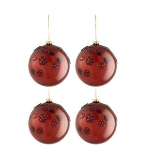 BOX OF 4 CHRISTMAS BAUBLES FLOWERS GLASS BURGUNDY LARGE