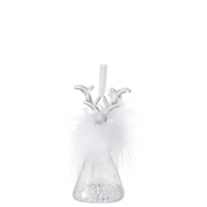CHRISTMAS BAUBLES REINDEER+LED+FEATHER GLASS CLEAR SMALL