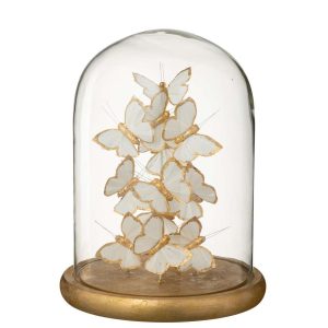 DECORATIVE BELL JAR BUTTERFLY GLASS WHITE/GOLD COLORED LARGE