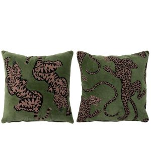 CUSHION TIGER + LEOPARD COTTON MOSS GREEN ASSORTMENT OF 2