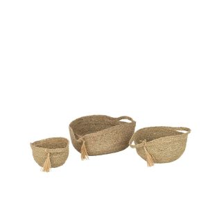 SET OF 3 BASKET ROUND WITH HANDLE+ TASSEL GRASS NATURAL