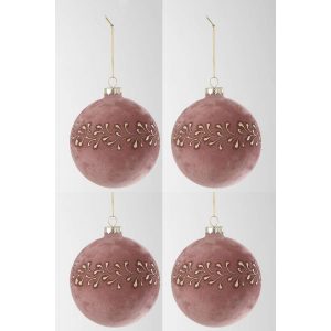 BOX OF 4 CHRISTMAS BAUBLE MOTIVE VELVET LIGHT PINK/GOLD