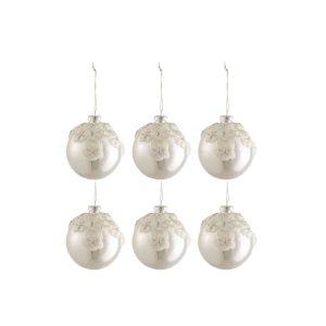 BOX OF 6 CHRISTMAS BAUBLES FLOWERS GLASS SHINY SILVER SMALL
