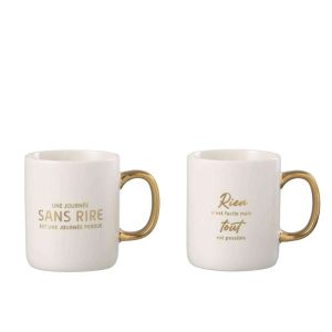 MUG MESSAGE POSITIF PORCELAIN WHITE / GOLD ASSORTMENT OF 2