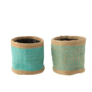 BASKET ROUND+BAND JUTE NATURAL/AZURE LARGE ASSORTMENT OF 2