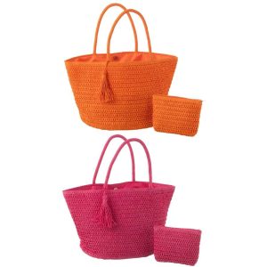 BEACH BAG+POUCH PAPER PINK/ORANGE ASSORTMENT OF 2